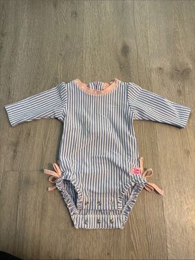 Ruffle Butts Blue & White Striped Infant Romper with Pink Polka-Dot Trim